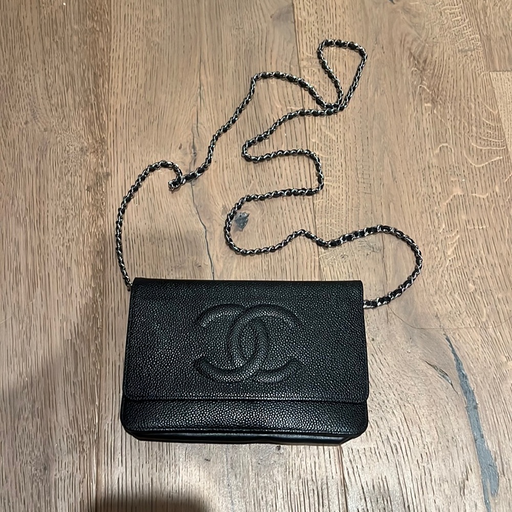 CHANEL BLACK WALLET ON CHAIN WITH CAVIAR LEATHER